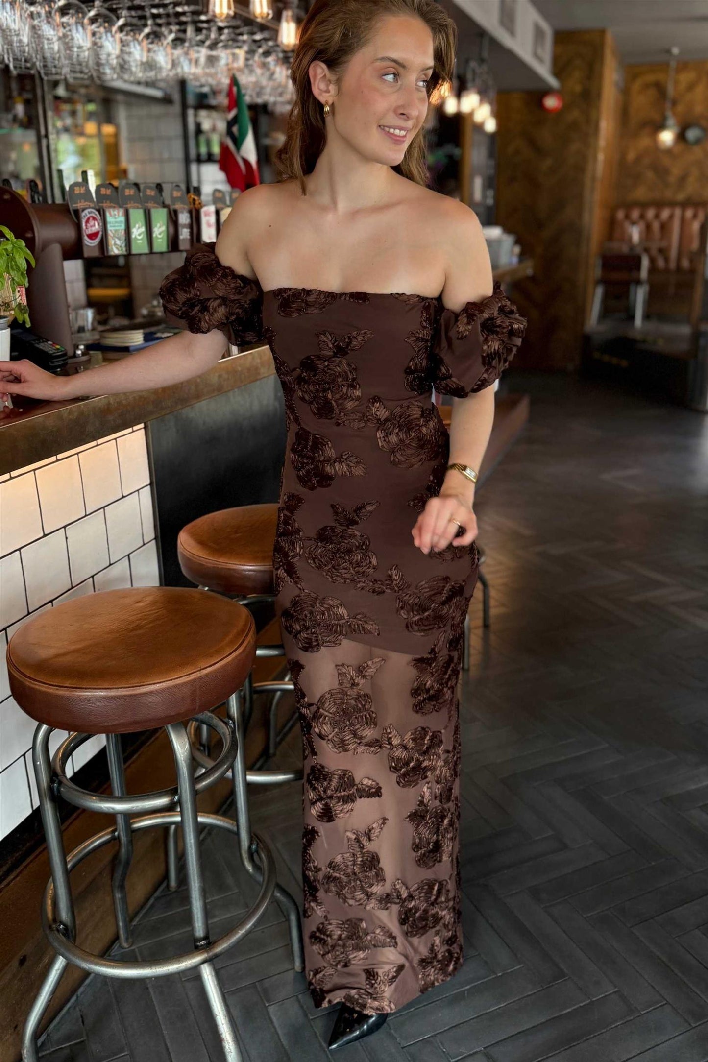 Flower Mesh Maxi Dress Chicory Coffee