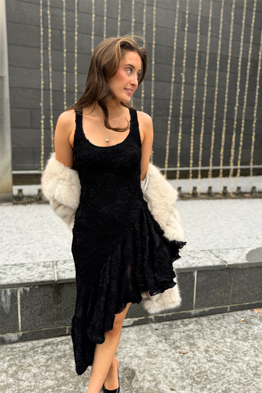 Flower Mesh Ruffle Dress Black