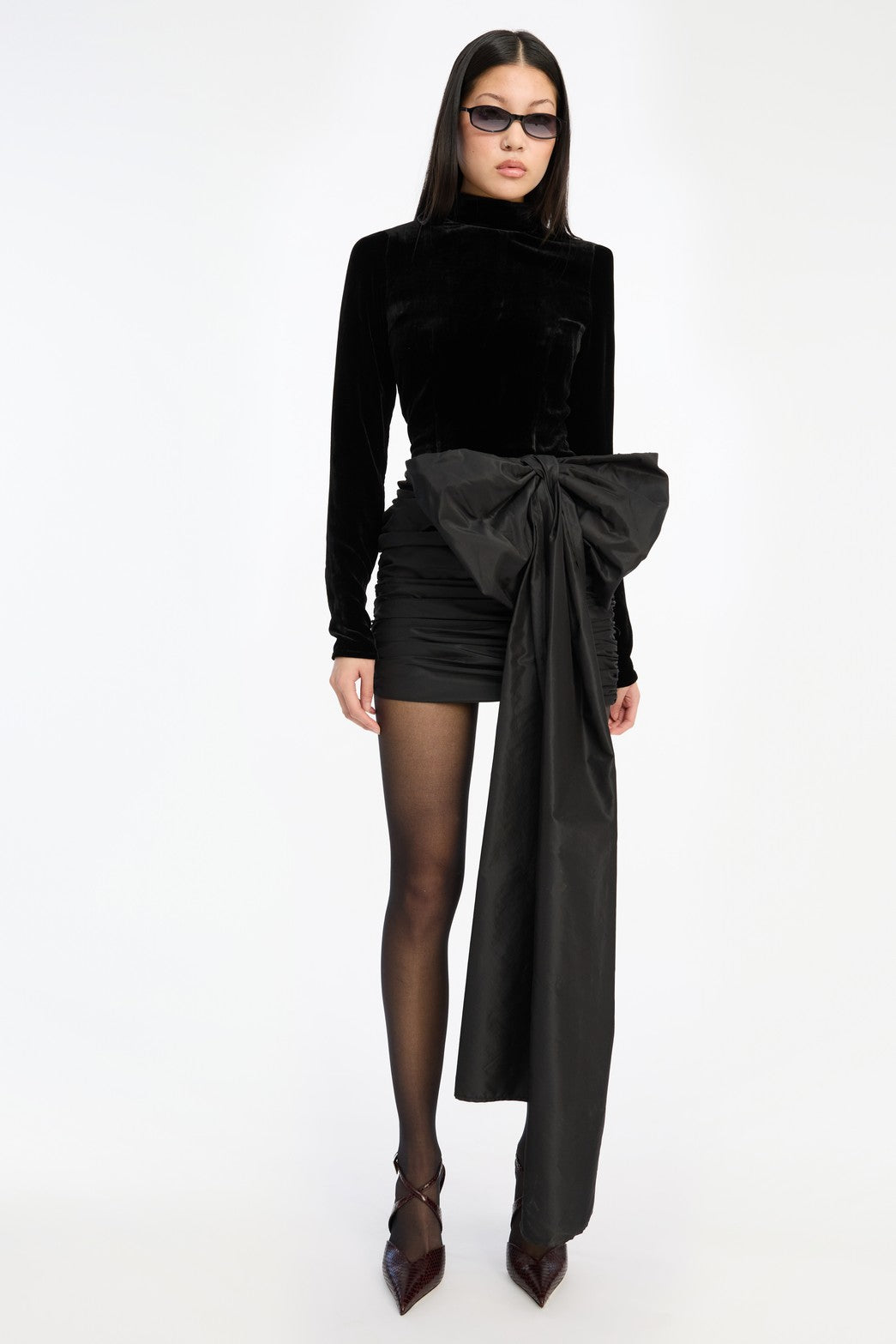 Velvet Bow Mini Dress Black