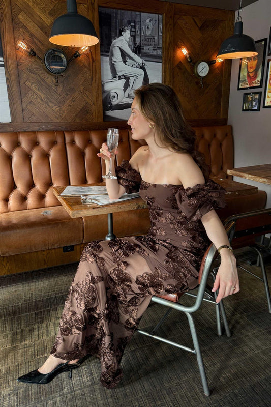 Flower Mesh Maxi Dress Chicory Coffee