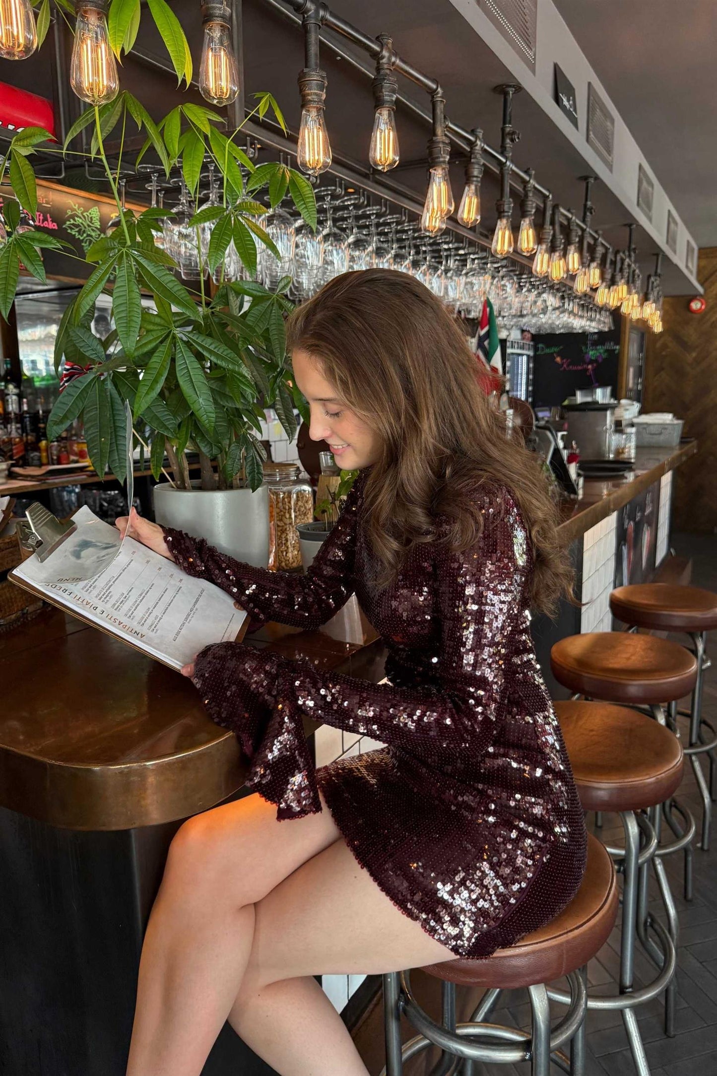 Sequins Ls Mini Dress Zinfandel