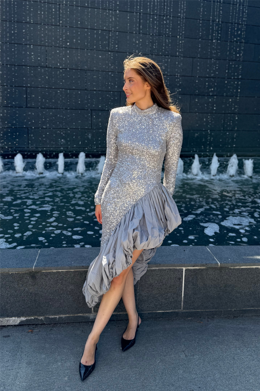 Sequin Asymmetric Dress Alloy (Light Gray)