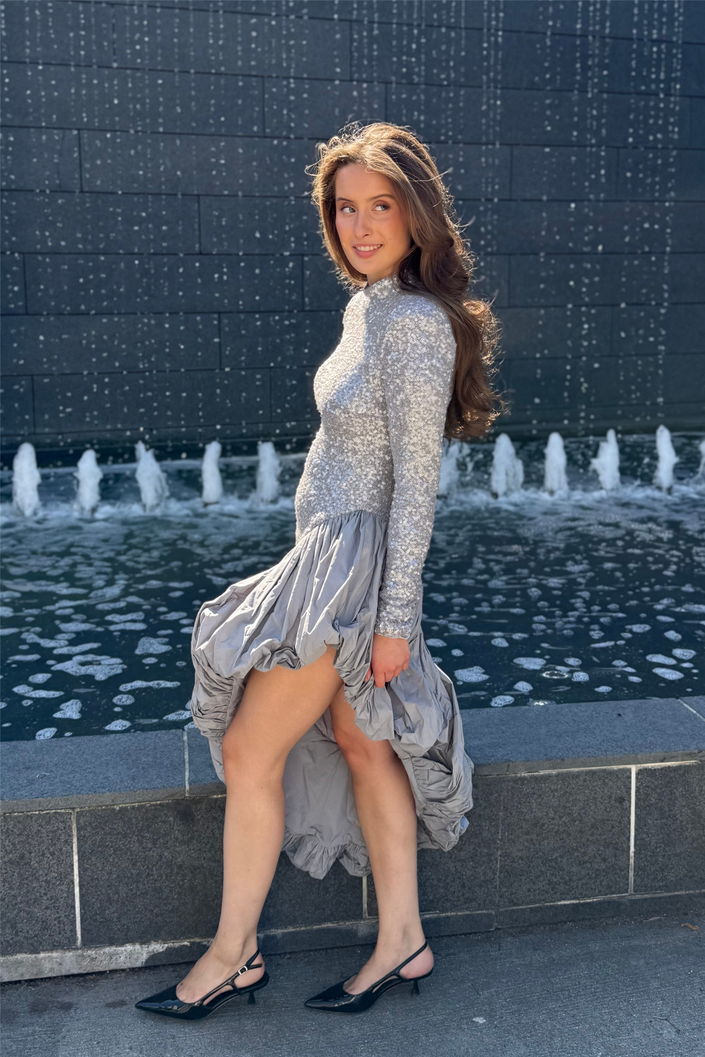 Sequin Asymmetric Dress Alloy (Light Gray)
