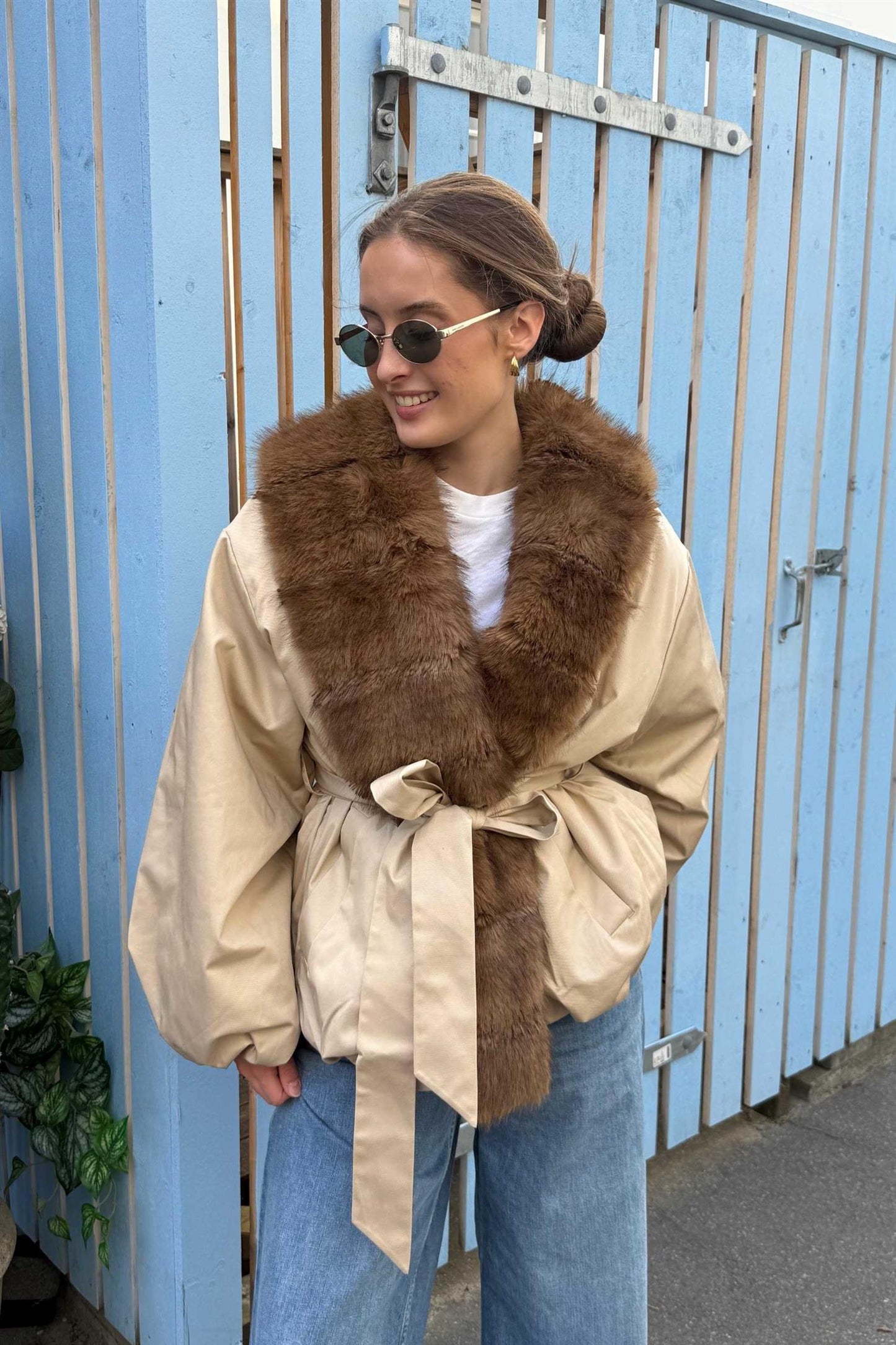 Faux Fur Collar Jacket Cement