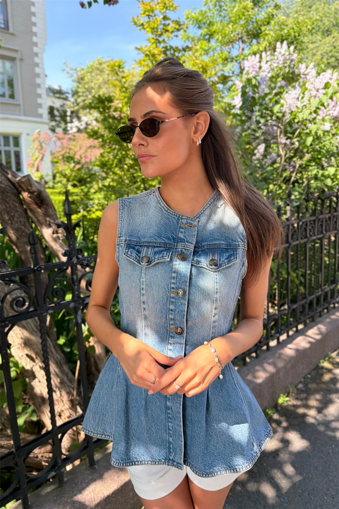 Flared Denim Top Medium Blue Denim.
