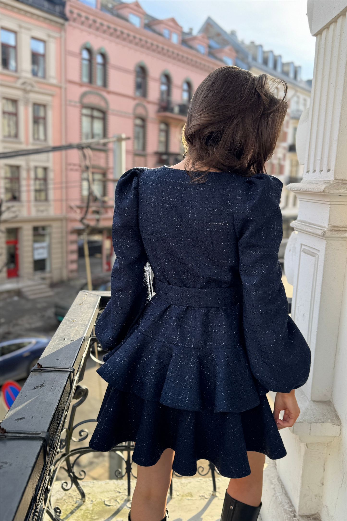 Wavy tweed dress Blå