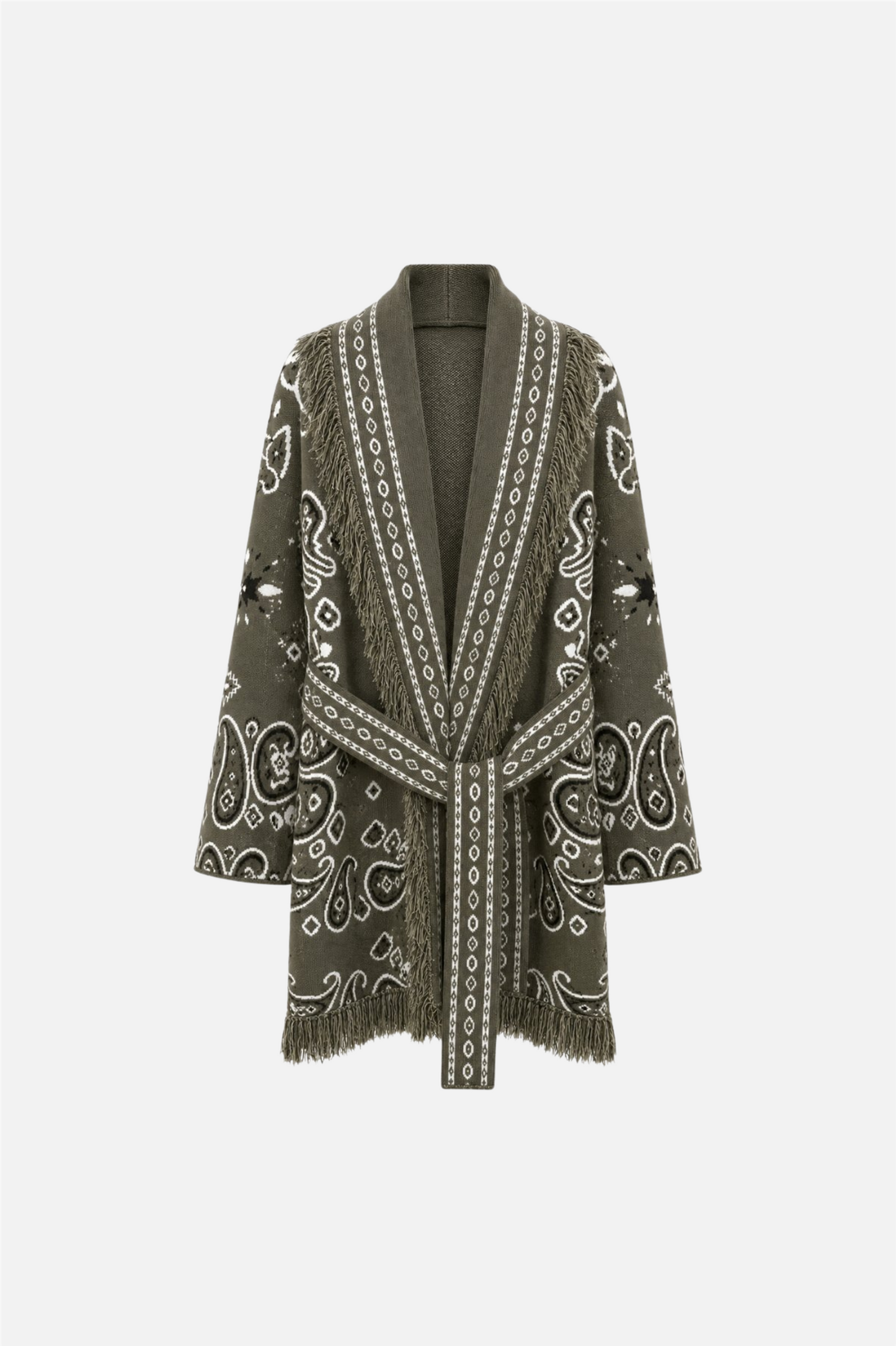 Long Fringed Paisley Jacket Khaki.