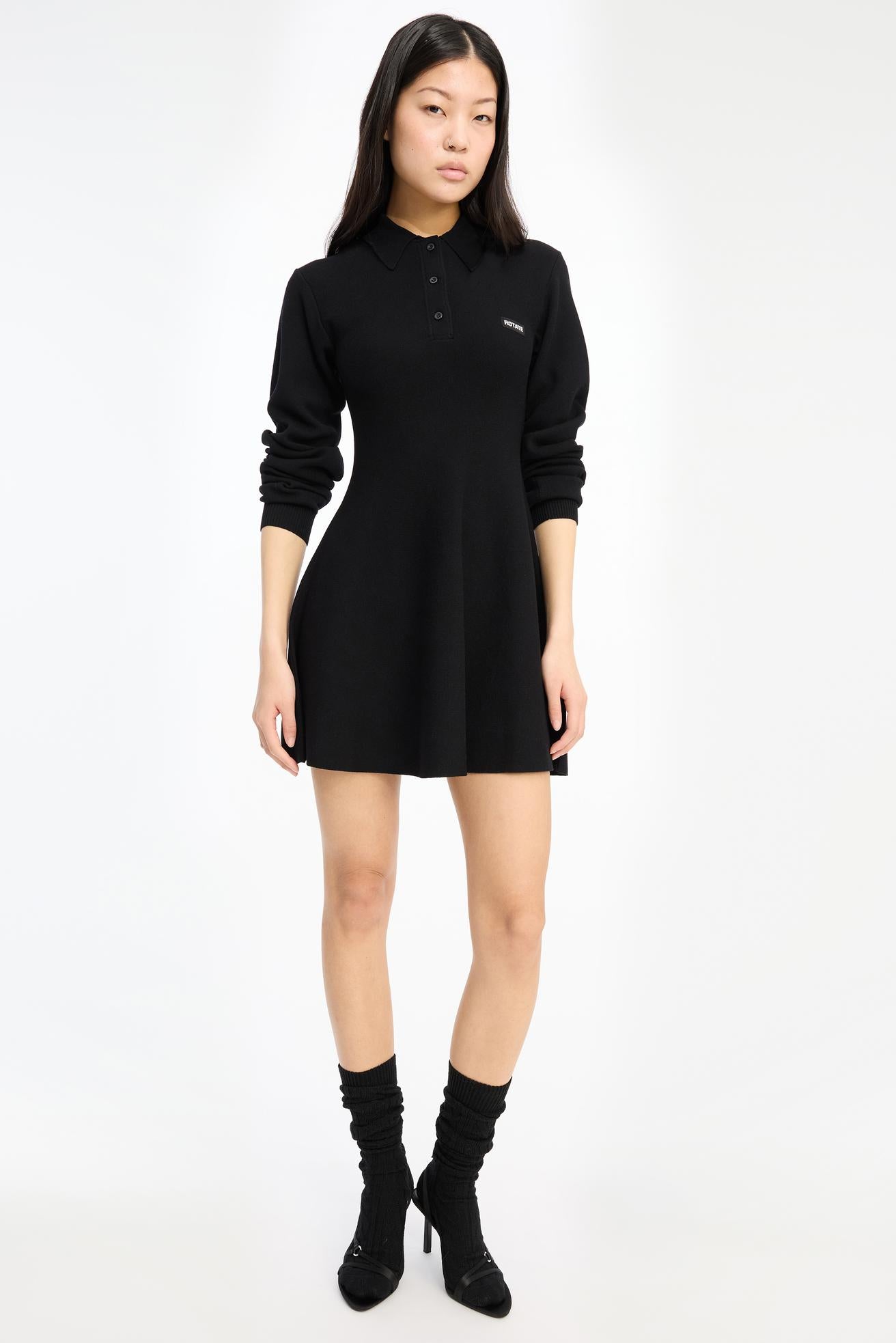 Slinky Knit Polo Dress Black