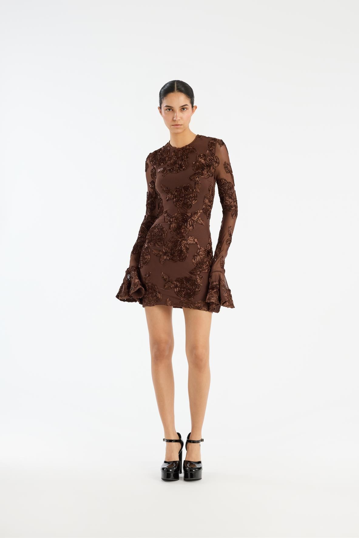 Flower Mesh Mini Dress Chicory Coffee