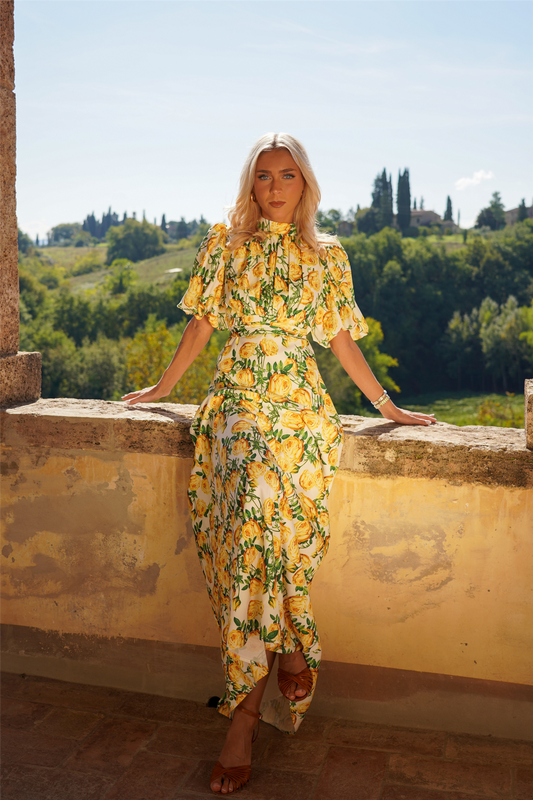 Holly Long Print Dress Yellow Flowers