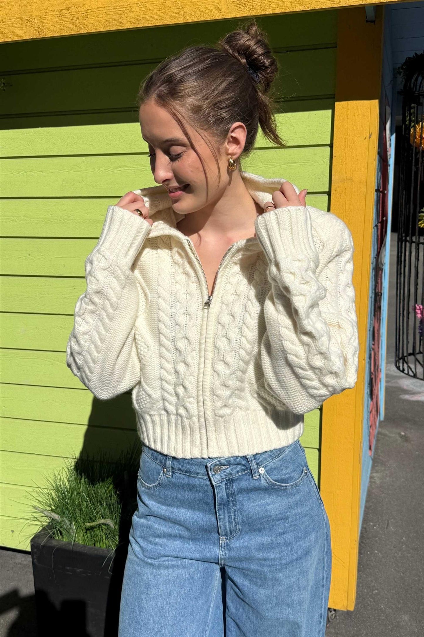 Knit Cable Zip Cardigan Egret