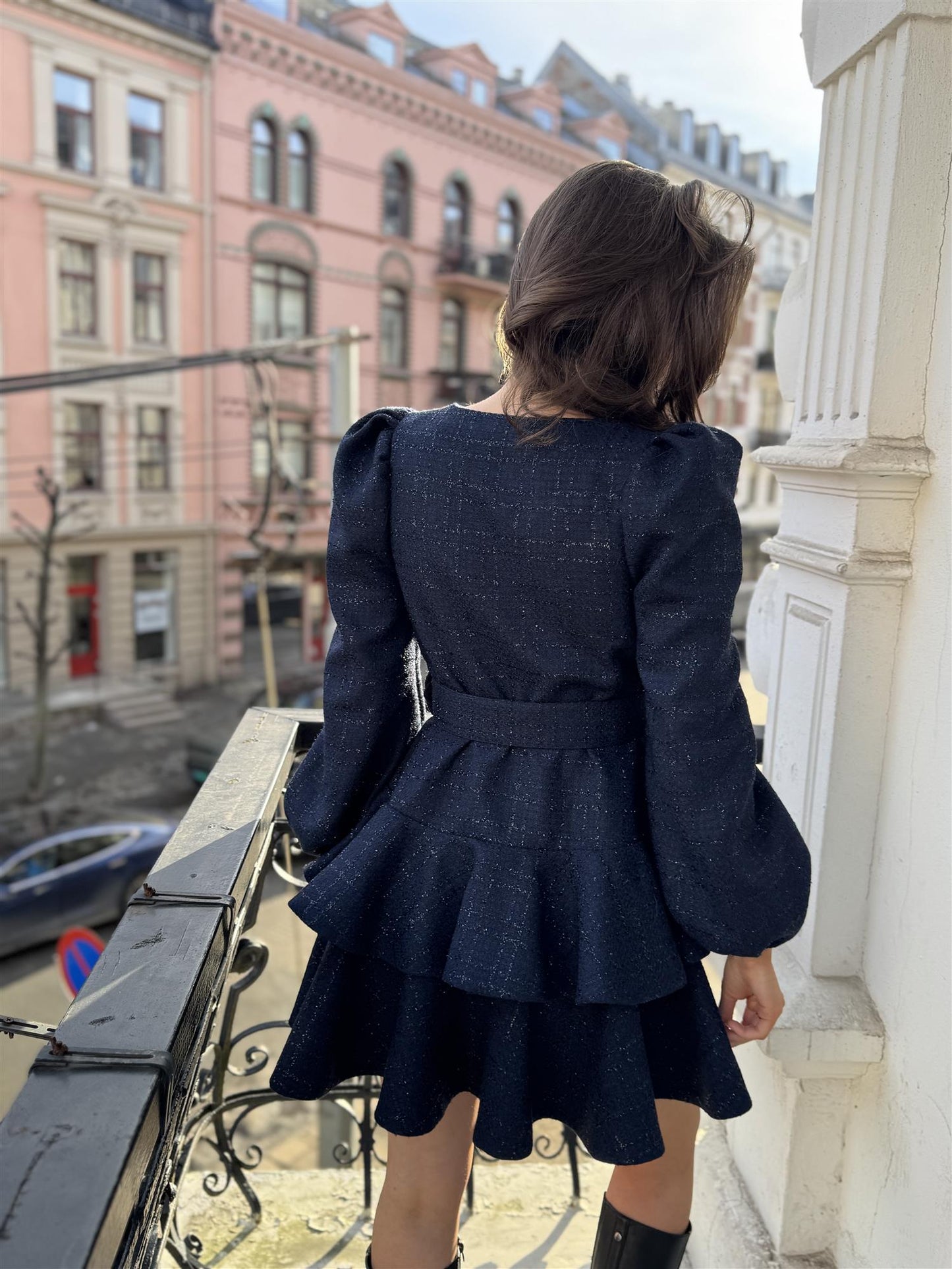 Wavy tweed dress Blå