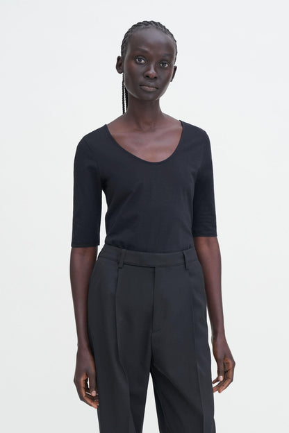 Cotton Stretch Scoop Neck Top Black