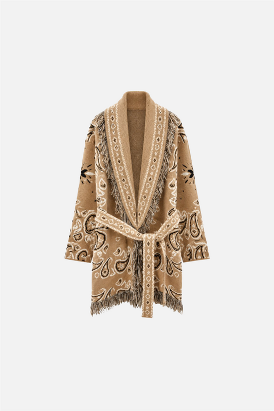 Long Fringed Paisley Jacket Camel.