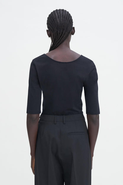 Cotton Stretch Scoop Neck Top Black