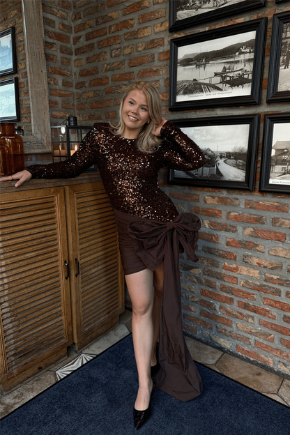 Sequins Bow Mini Dress Chicory Coffee