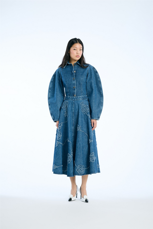 Denim Flower Midi Skirt Medium Blue