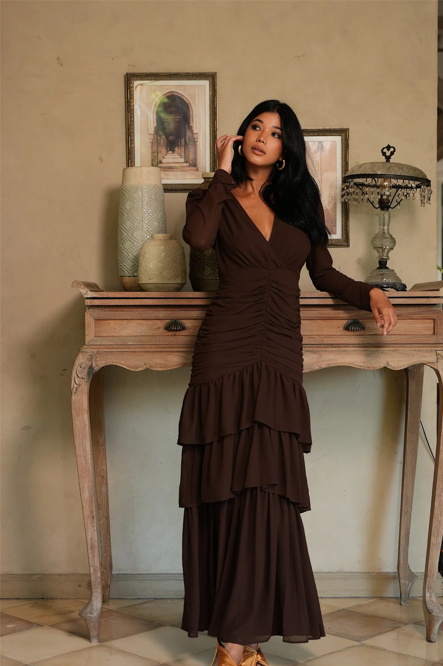 Jenna Long Sleeve Maxi Dress Espresso.