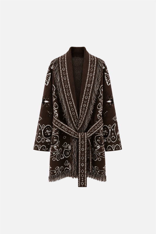 Long Fringed Paisley Jacket Brown.