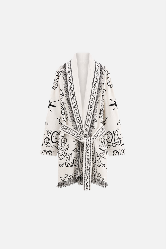 Long Fringed Paisley Jacket White.