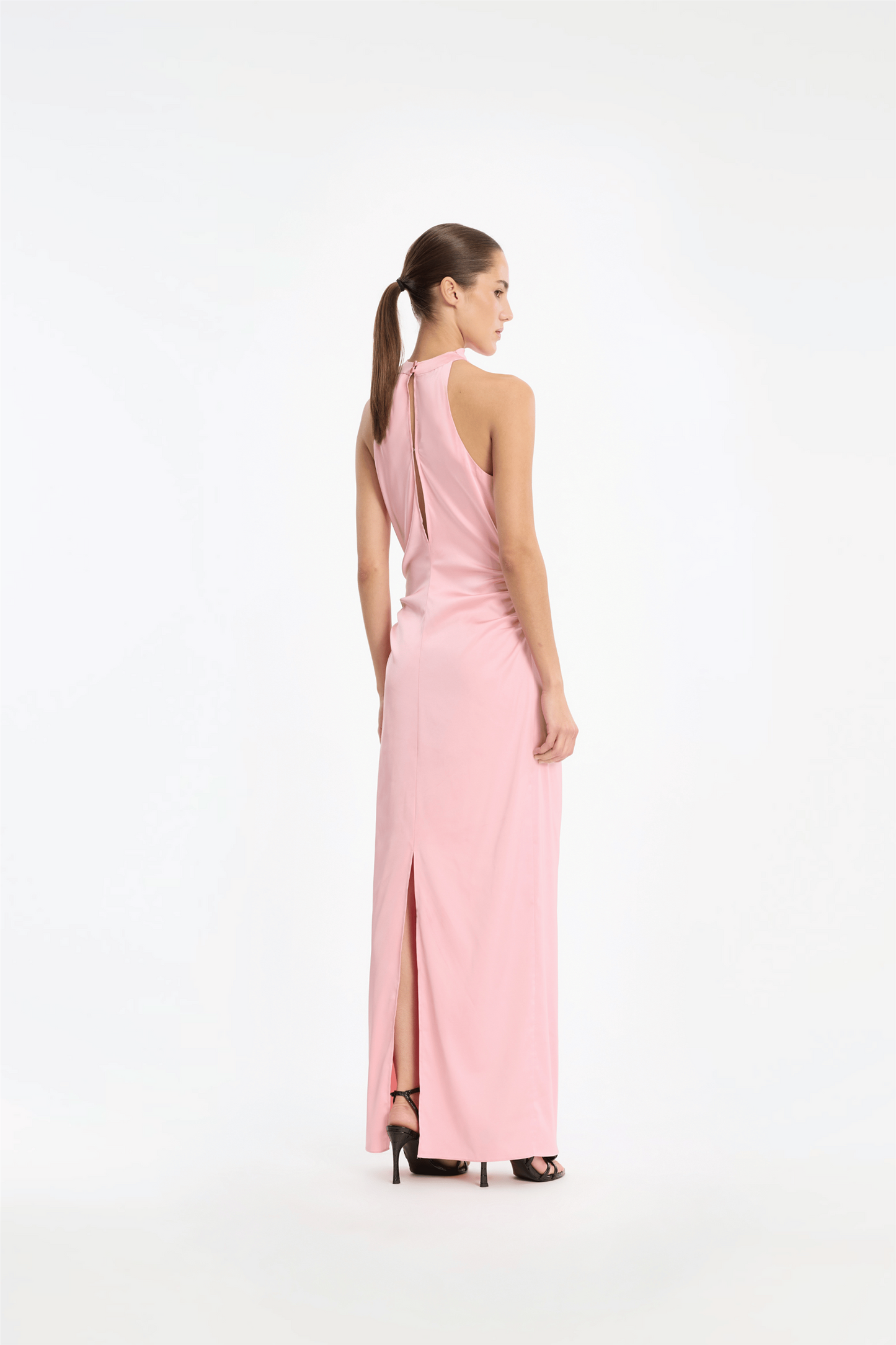 Halterneck Ruched Maxi Begonia Pink.