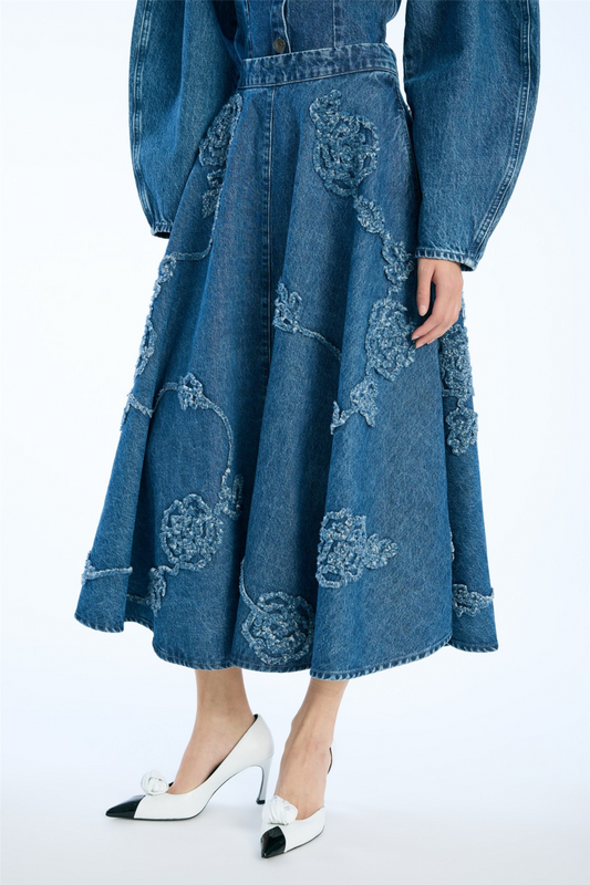 Denim Flower Midi Skirt Medium Blue
