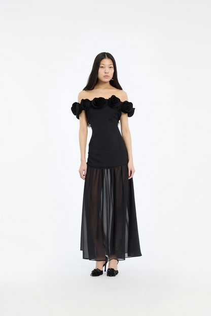 Crepe Maxi Flower Dress Black.