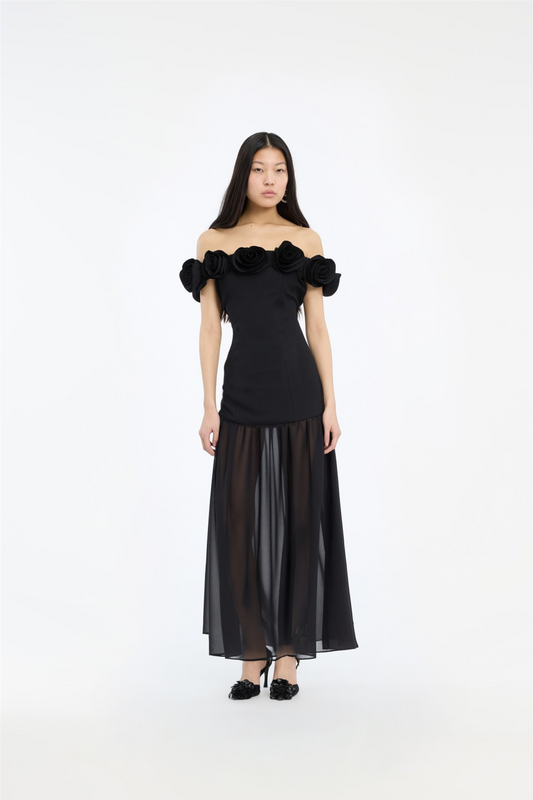 Crepe Maxi Flower Dress Black.