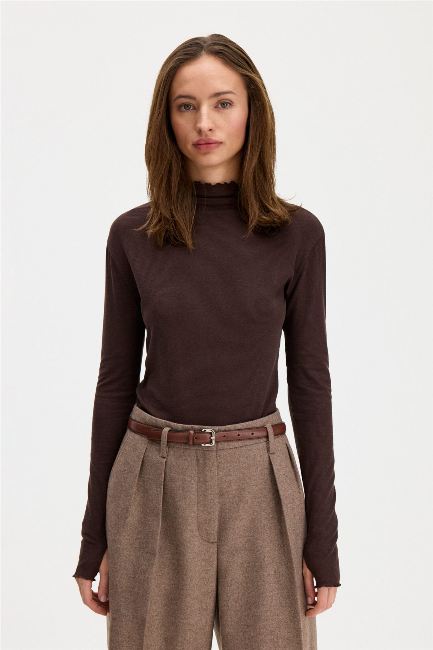 Rib mock neck top Dark Chocolate.