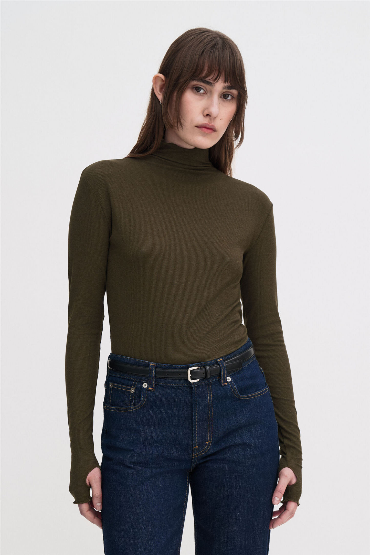 Rib mock neck top Dark Khaki Green