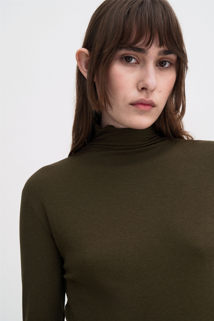 Rib mock neck top Dark Khaki Green