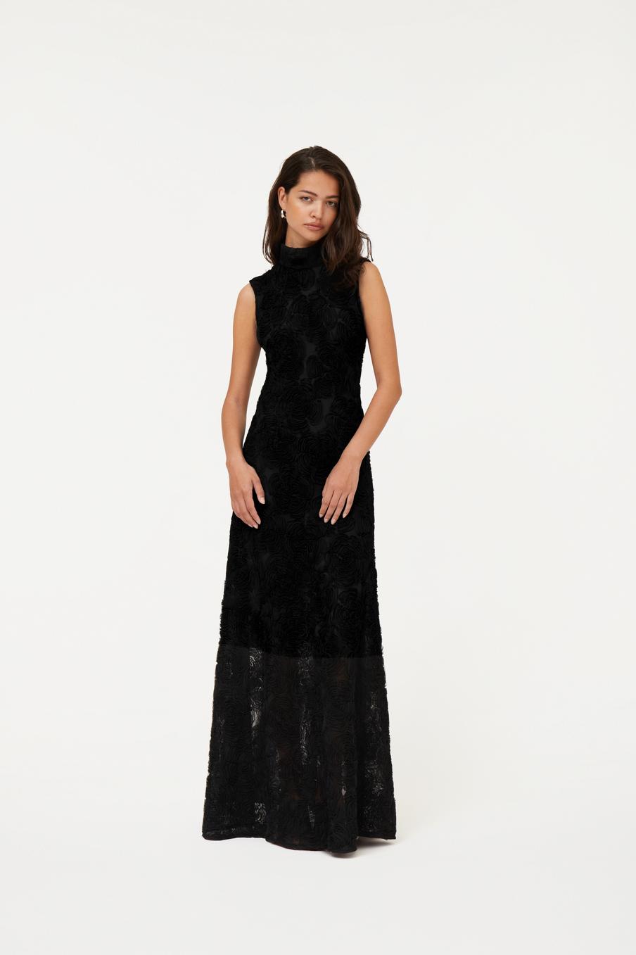 Flower Mesh Maxi Dress Black