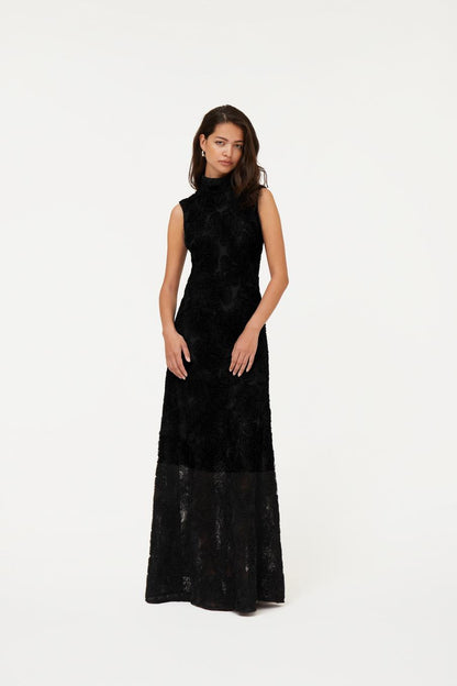 Flower Mesh Maxi Dress Black