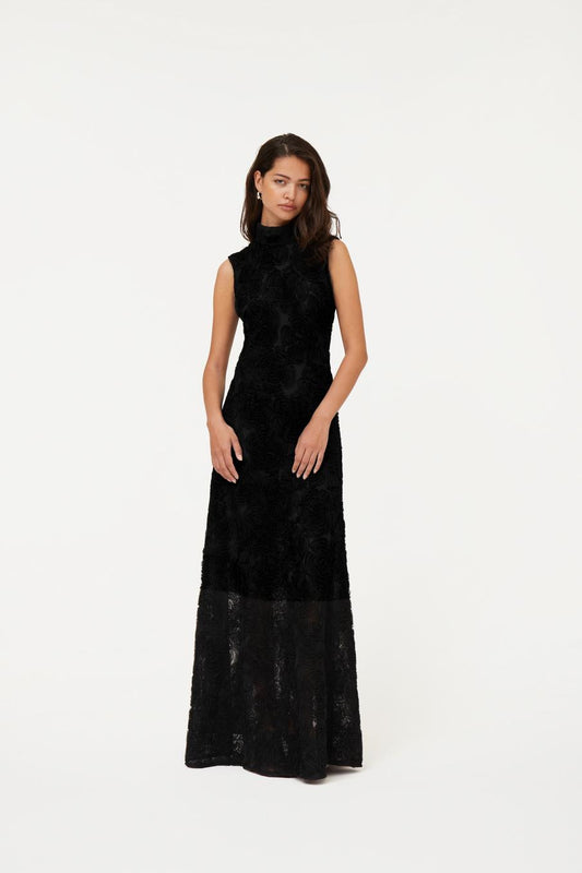 Flower Mesh Maxi Dress Black