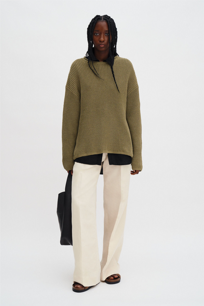 Ribbed Cotton Linen Sweater Light Olive Green