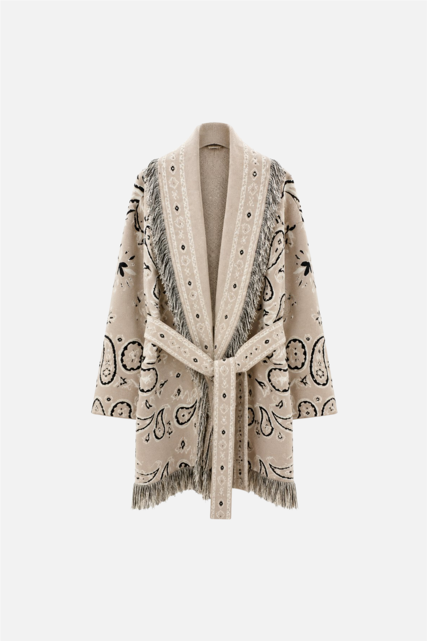 Long Fringed Paisley Jacket Beige.