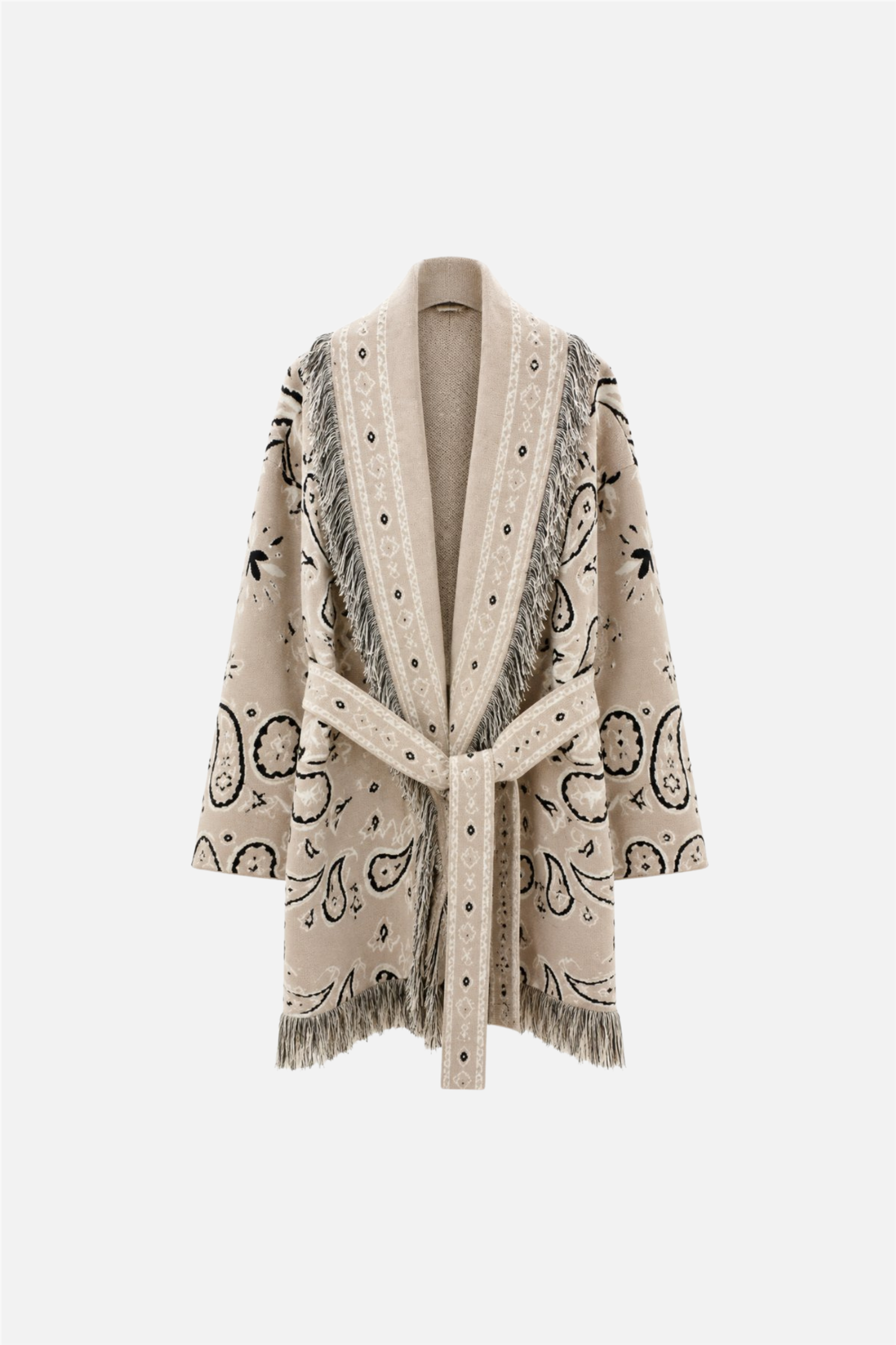 Long Fringed Paisley Jacket Beige.