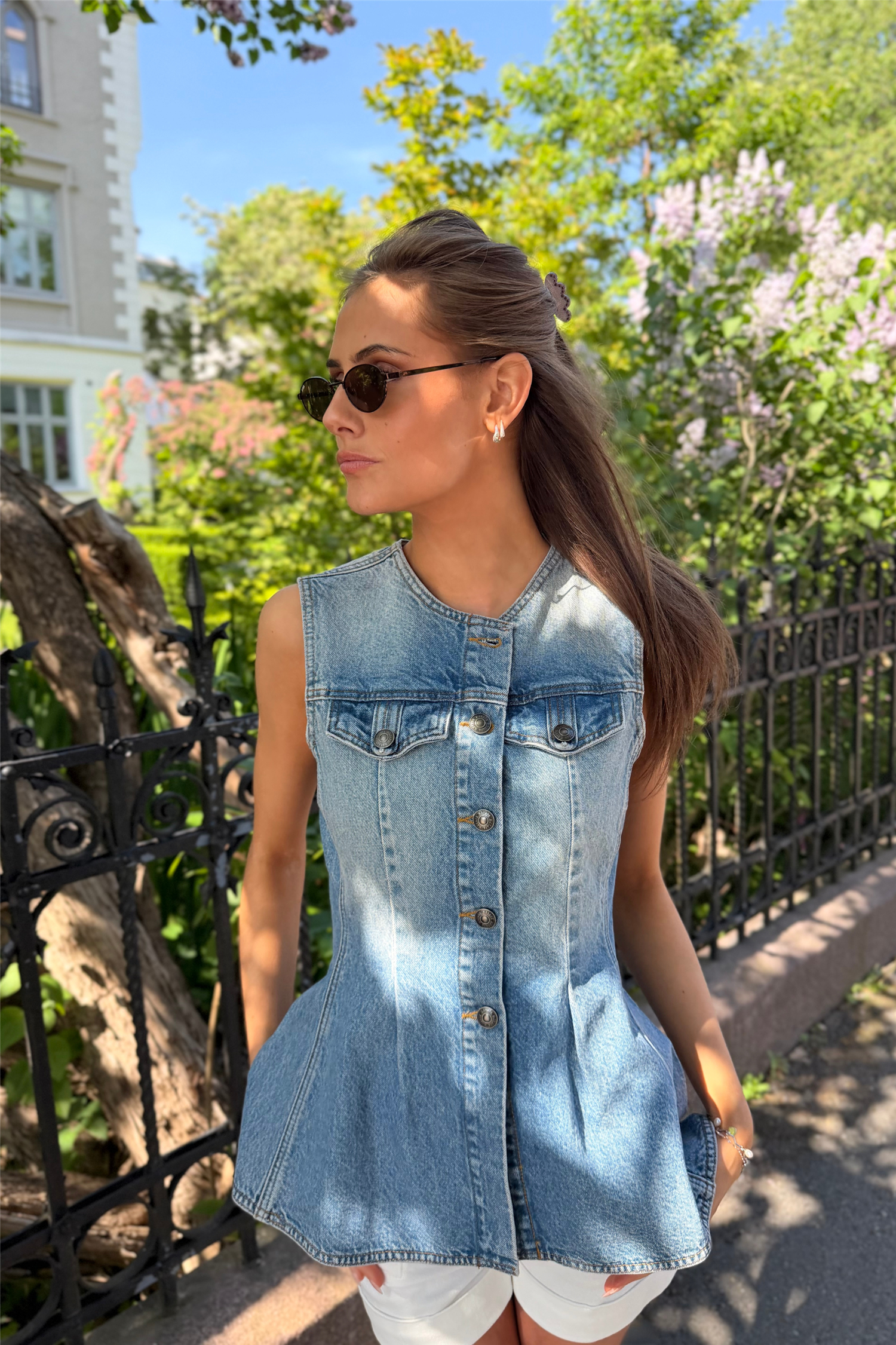 Flared Denim Top Medium Blue Denim.