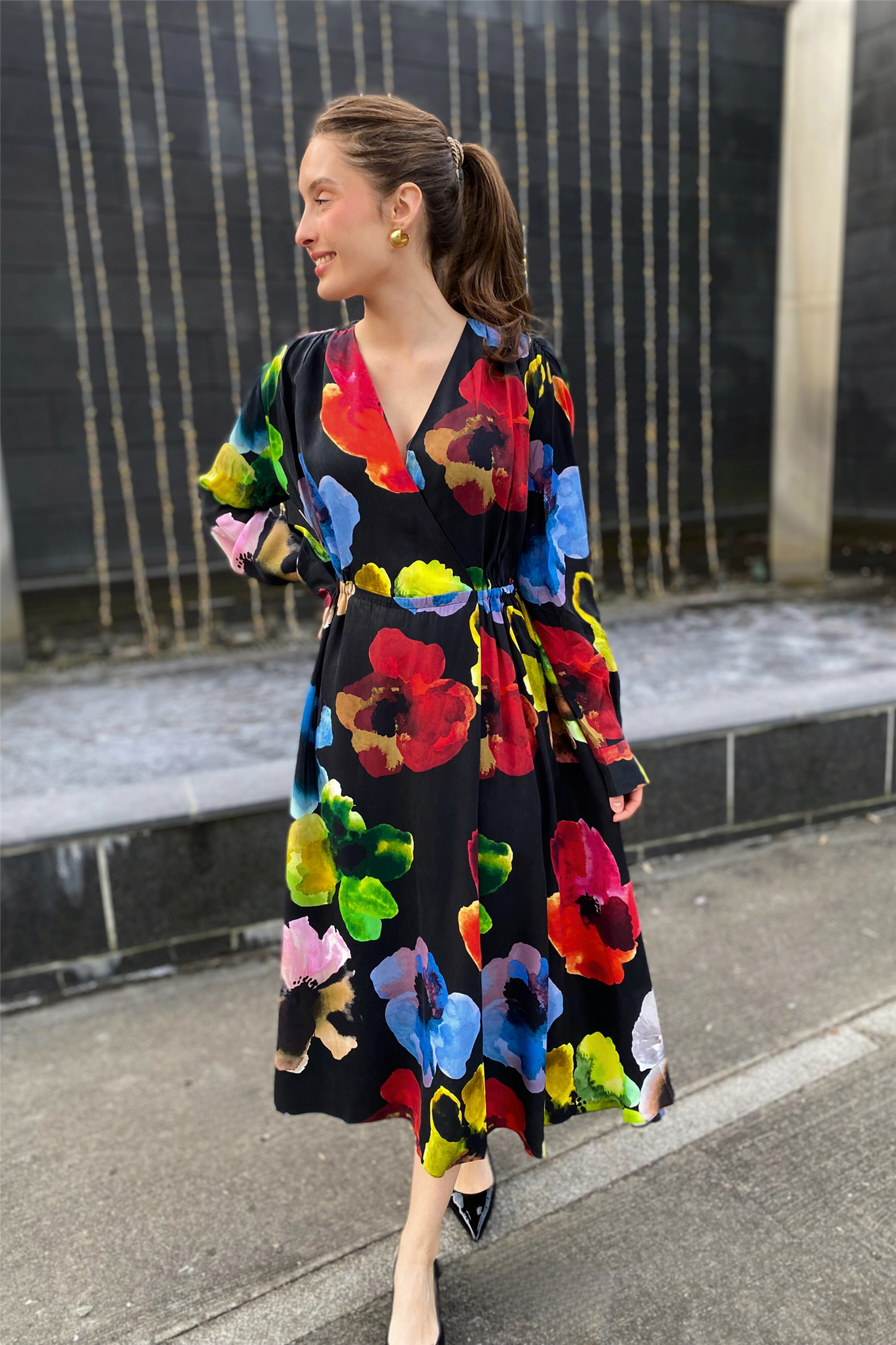 Voluminous V Neck Midi Dress Watercolor Bloom