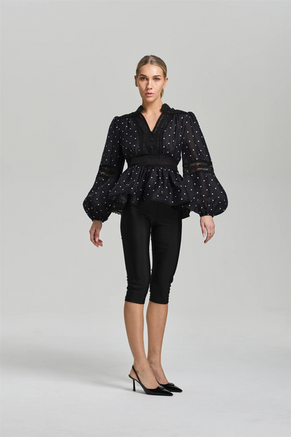 Aliah Dot Blouse Black Ivory Dots.