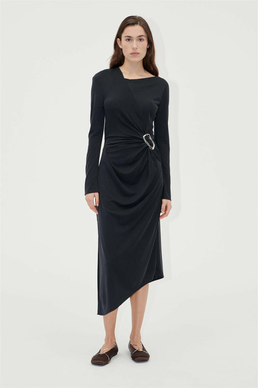 Long Sleeve Midi Dress With Fixed Buckle Jet Black.