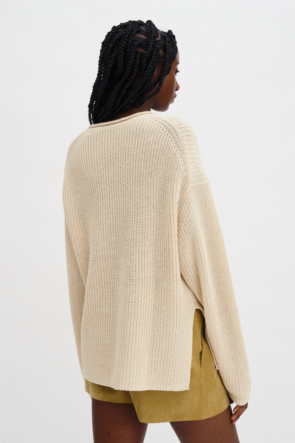 Ribbed Cotton Linen Sweater Cream White