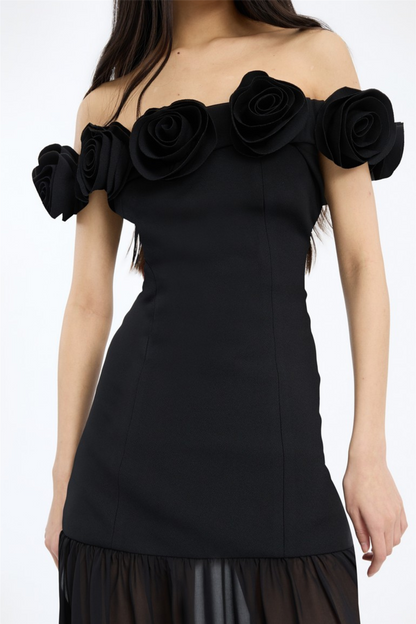 Crepe Maxi Flower Dress Black.