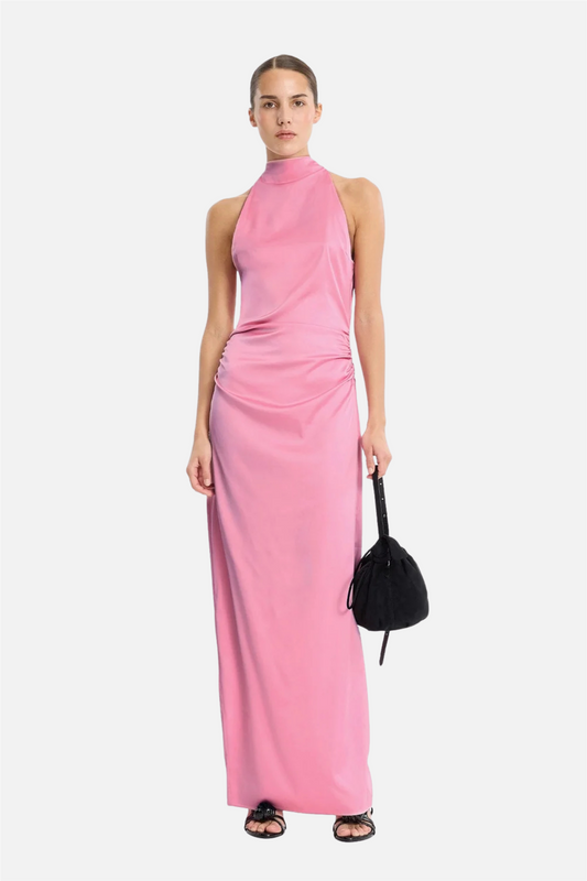 Halterneck Ruched Maxi Begonia Pink