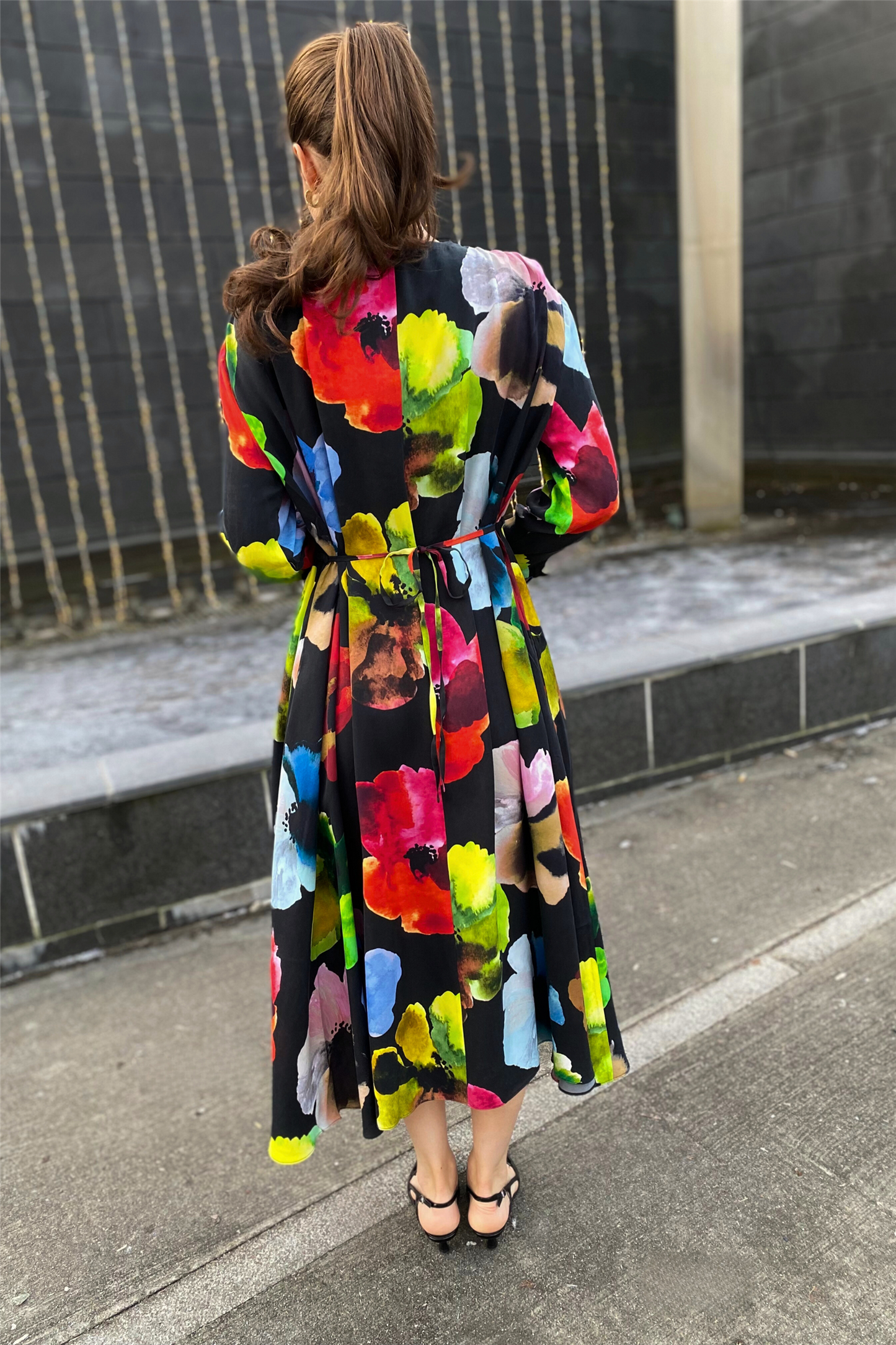 Voluminous V Neck Midi Dress Watercolor Bloom