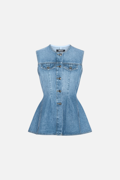 Flared Denim Top Medium Blue Denim.