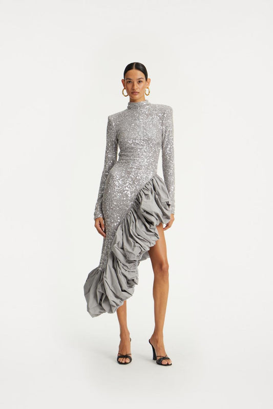 Sequin Asymmetric Dress Alloy (Light Gray)