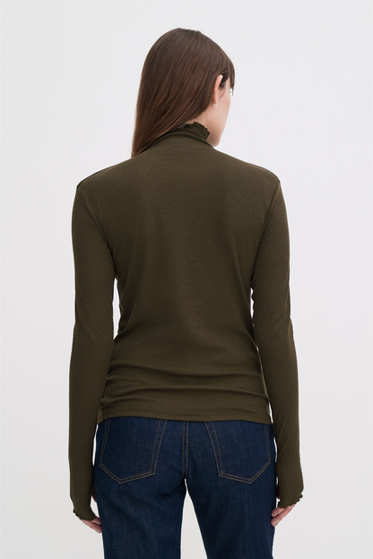 Rib mock neck top Dark Khaki Green