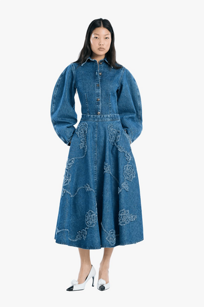 Denim Flower midi skirt