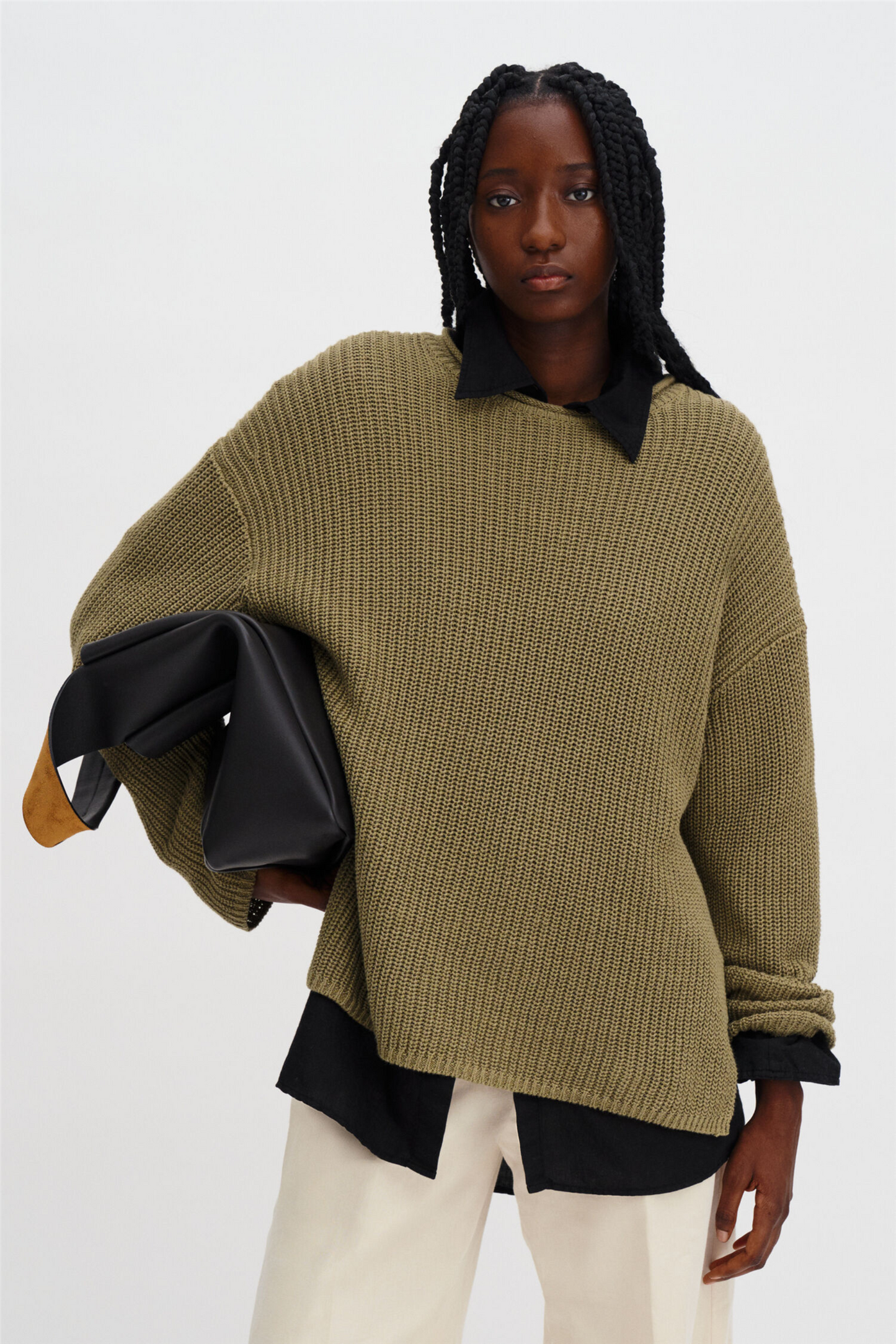 Ribbed Cotton Linen Sweater Light Olive Green